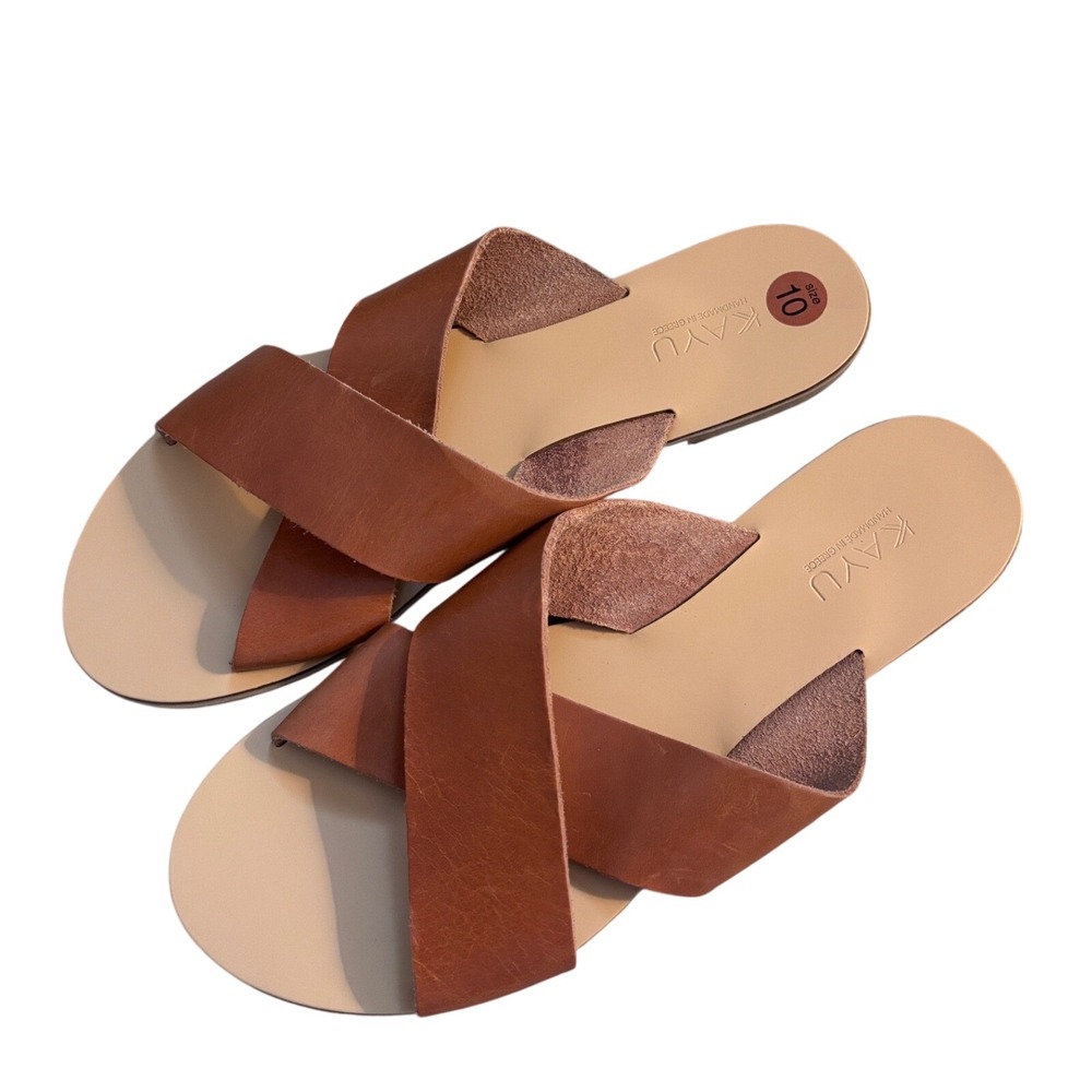 KAYU Handmade‎ in Greece Leather Crisscross Slide Sandals Brown Womens 10 EU 41